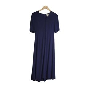 Vtg Jaeger Navy Blue Button Front Short Sleeve Midi Length V Neck Dress Size 6